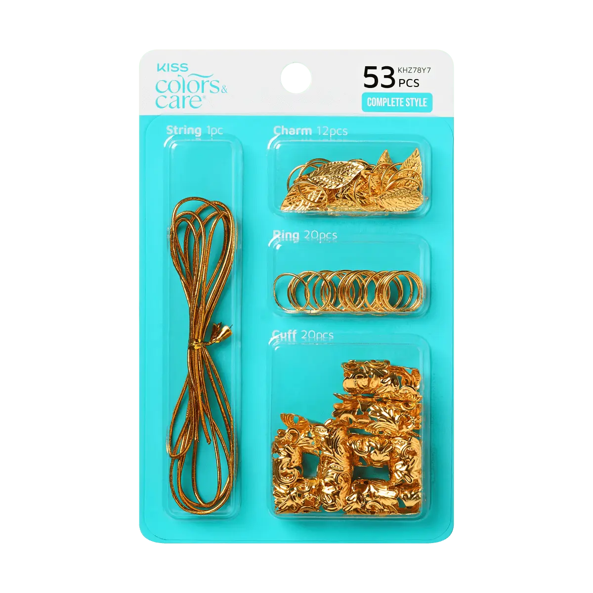 Kiss Colors & Care Luxe Braid Charm Kit - Gold | 1 String, 12 Charms, 20 Rings, 20 Cuffs, Hair Accessories