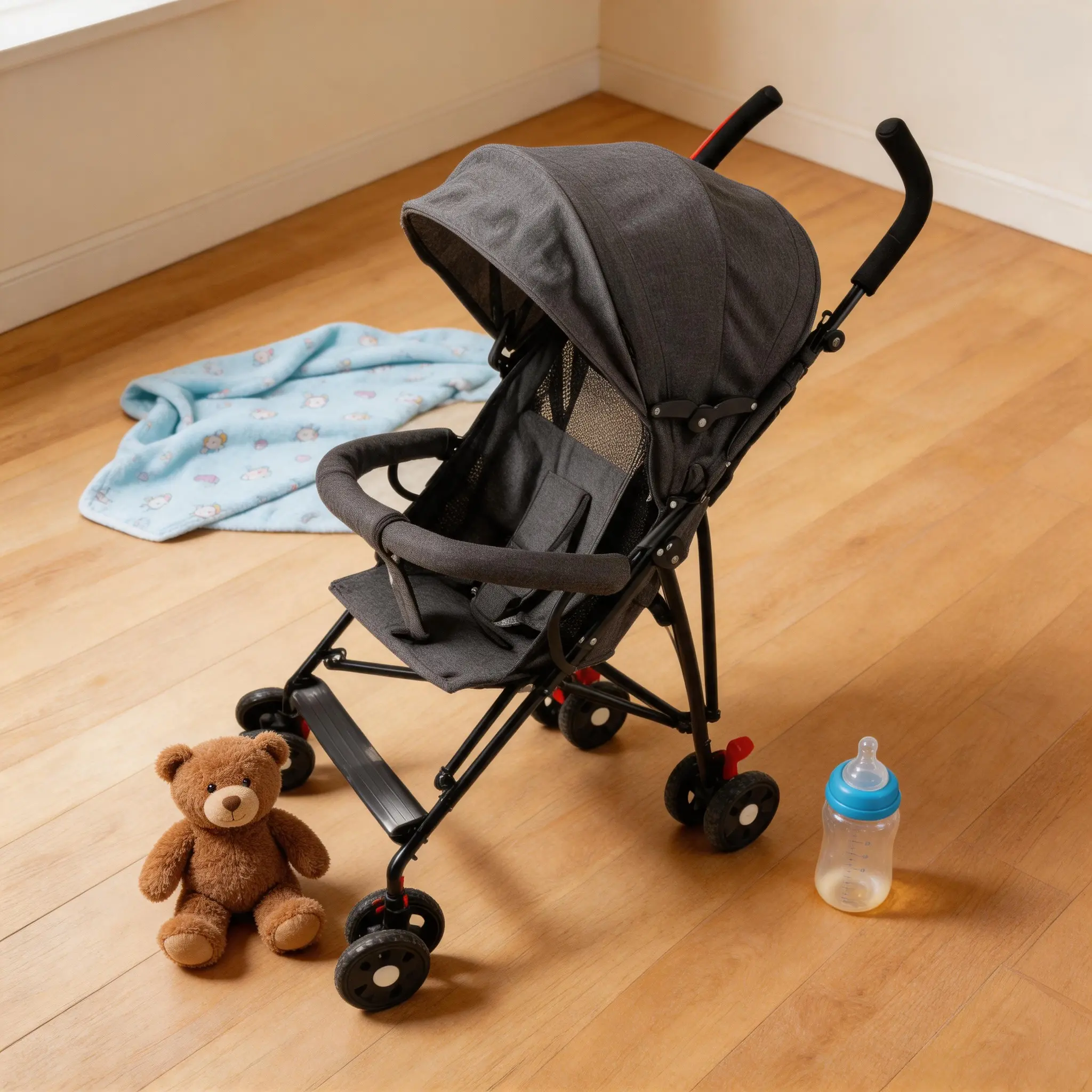 Gray Lightweight Baby Travel Stroller - 1-Hand Folding, Simple Fold Mechanism, Sunshade, Storage Basket, Multiple Tilt Positions