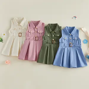 1-5Y Little Kids Toddler Baby Girl Summer Clothes Sleeveless Collared Button Dress Pockets Belted Tank Dresses