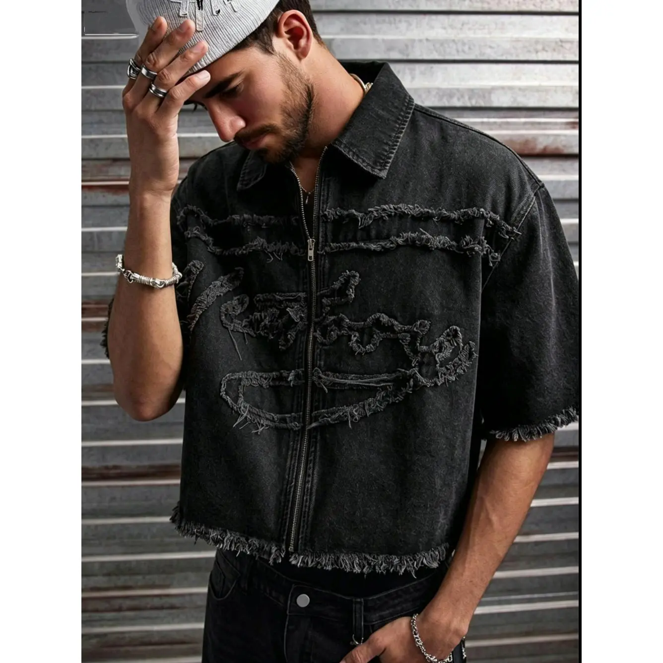 Men's High Cotton Frayed Tribal Embroidery Denim Shirt Jacket, Black Vintage Washed Cropped Zip‑Up Short Sleeve Top, Streetwear Hip Hop Casual Outerwear for Men