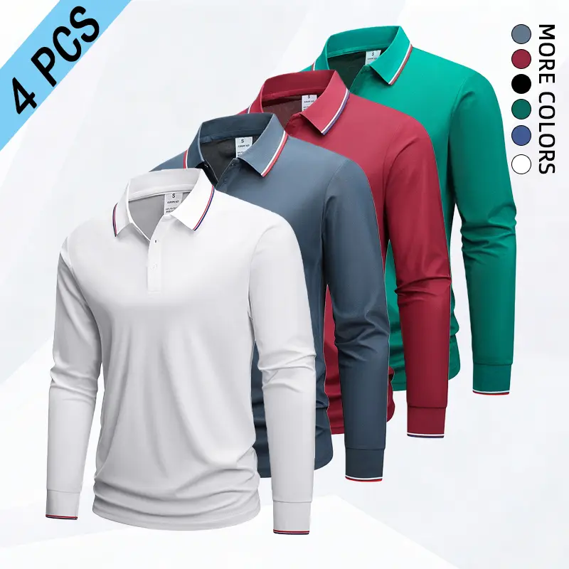 Men’s long-sleeve polo shirt 4-pack, available in multiple colors for business casual and everyday wear; a casual, comfortable polo that’s stylish for men in spring.#SummerVibes