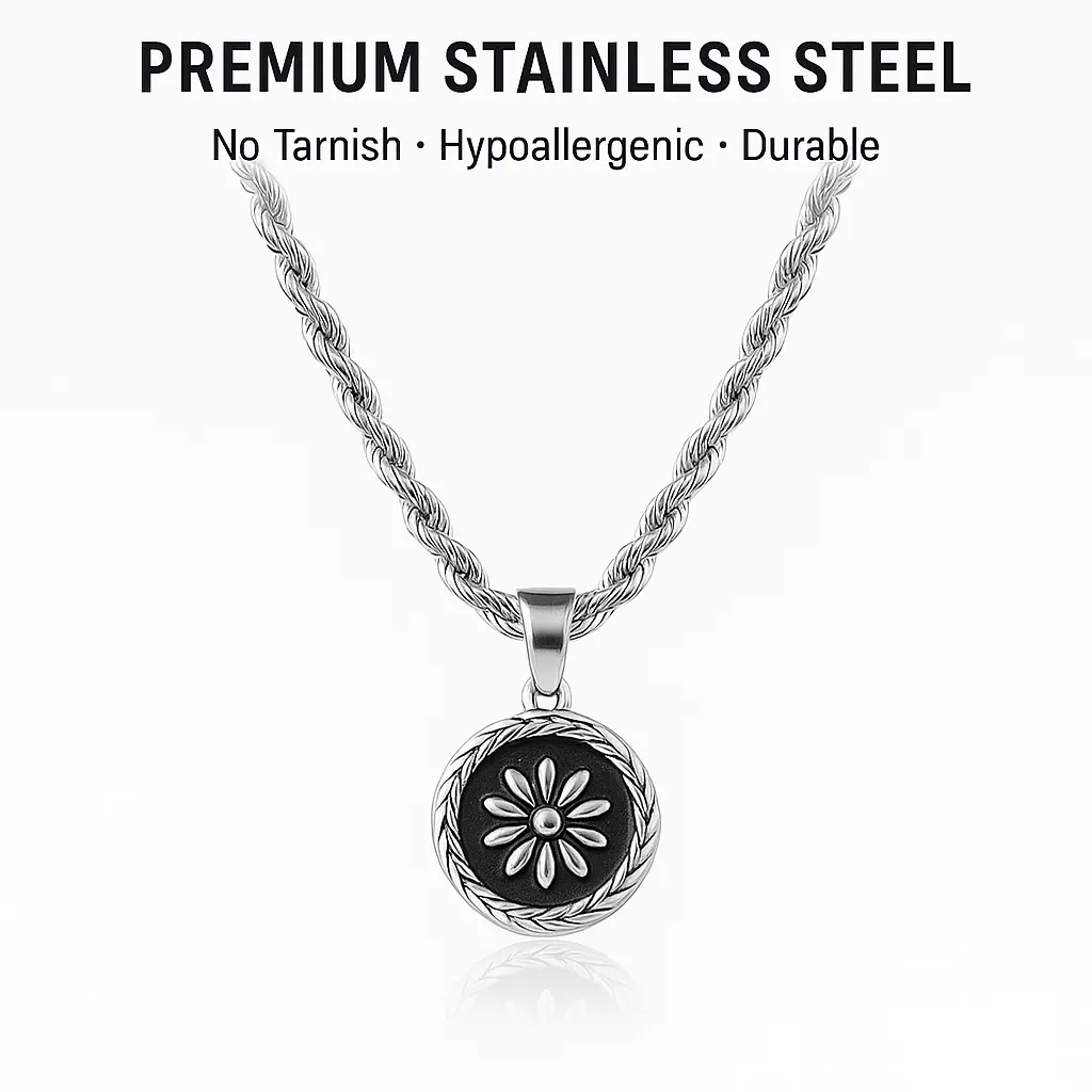 Vintage Flower Medallion Necklace - Stainless Steel Protection Talisman Pendant, Unisex Retro Minimal Fashion Accessory with Eternity, Growth, Balance Symbolism, Meaningful Gifts