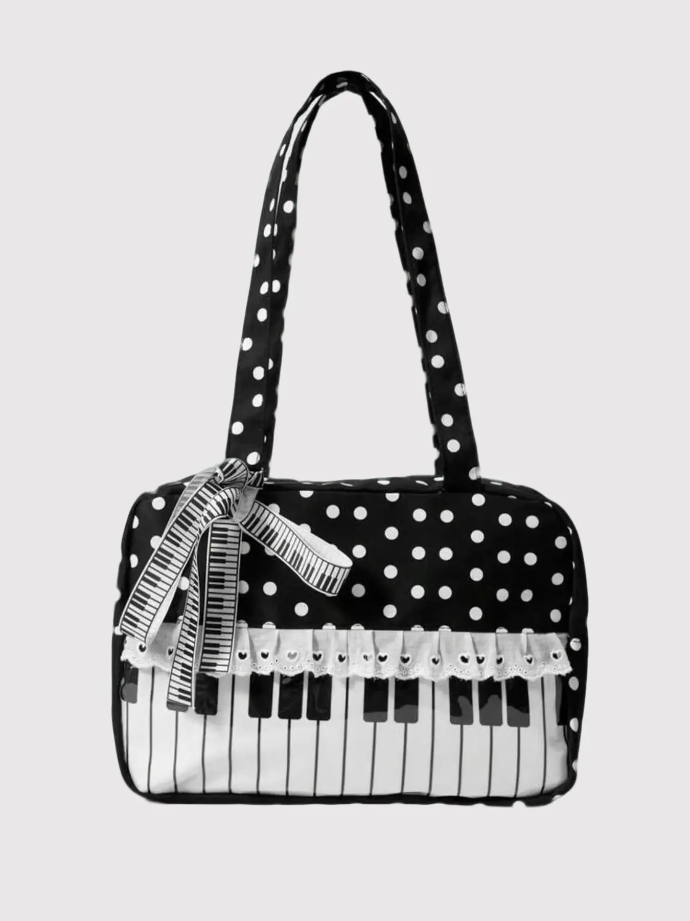 Classic black and white polka dot niche personalized music bag, piano key print design, lace lace, piano key bow, date/comic display, sweet and exquisite atmosphere style, can accommodate mobile phones. lipstick, Crossbody Shoulder Tote