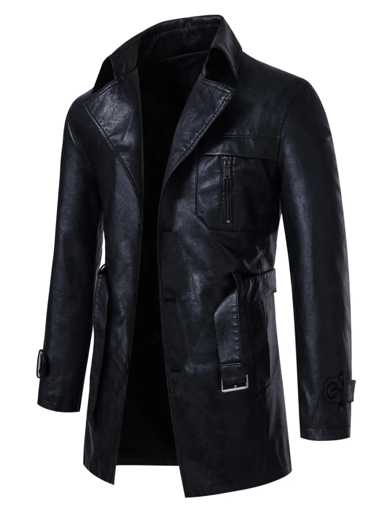 Men's Faux Leather Trench Coat, Belted Waist & Lapel Collar, Ideal for Sophisticated Urban Style, Formal Occasions & Seasonal Layering. A Timeless Classic Essential Blending Luxury Texture, Tailored Fit & Versatile Charm for the Modern Gentleman