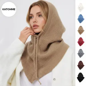 KatchMe Women's Leisure Thermal Drawstring Knitted Scarf Hat, Versatile Solid Color Two-In-One Windproof Neck Warmer for Fall & Winter, Classy Accessories