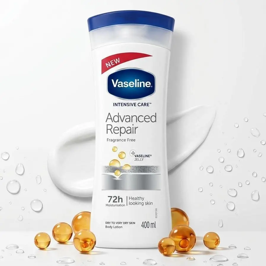 Vaseline Intensive Care Advanced Repair Lotion (400ml/13.5oz) 72H Dry Skin Moisturizer Fragrance-Free with Jelly-Infused Body Cream - Body Care Daily Gentle Moisture Moisturizing Pack Restore Sensitive Unscented