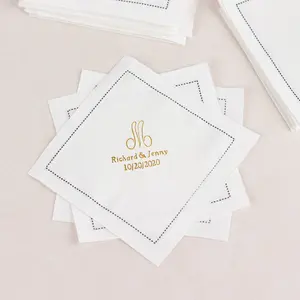 100 Pack Personalized Monogram White Cotton Cocktail Napkins with Black Hemstitched Border, Highly Absorbent Custom Initial Beverage Napkins - 4.5"x4.5"