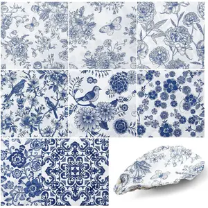 16 Pcs 8 Styles Decoupage Napkins, Blue and White Floral Paper Napkins Chinoiserie Decorative Cocktail Napkin Pretty Printed Cocktail Paper for DIY Crafting Furniture Decor Birthday Party Baby Shower