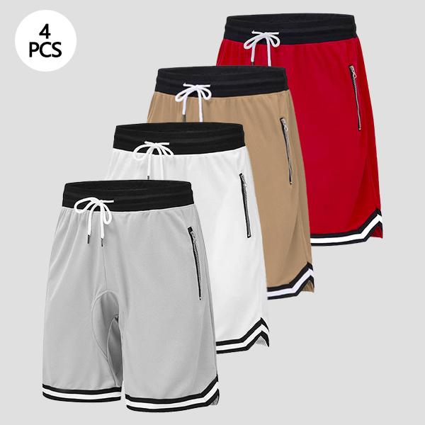 Men&rsquo;s casual athletic shorts with zippered pockets, breathable polyester fiber, elastic waistband, available in multiple colors; basketball shorts and sportswear suitable for running, training, and fitness.