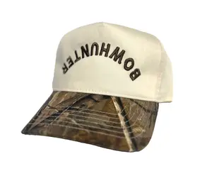 Upside Down Bowhunter Arched Text Cap for All Seasons Camo and Beige Design