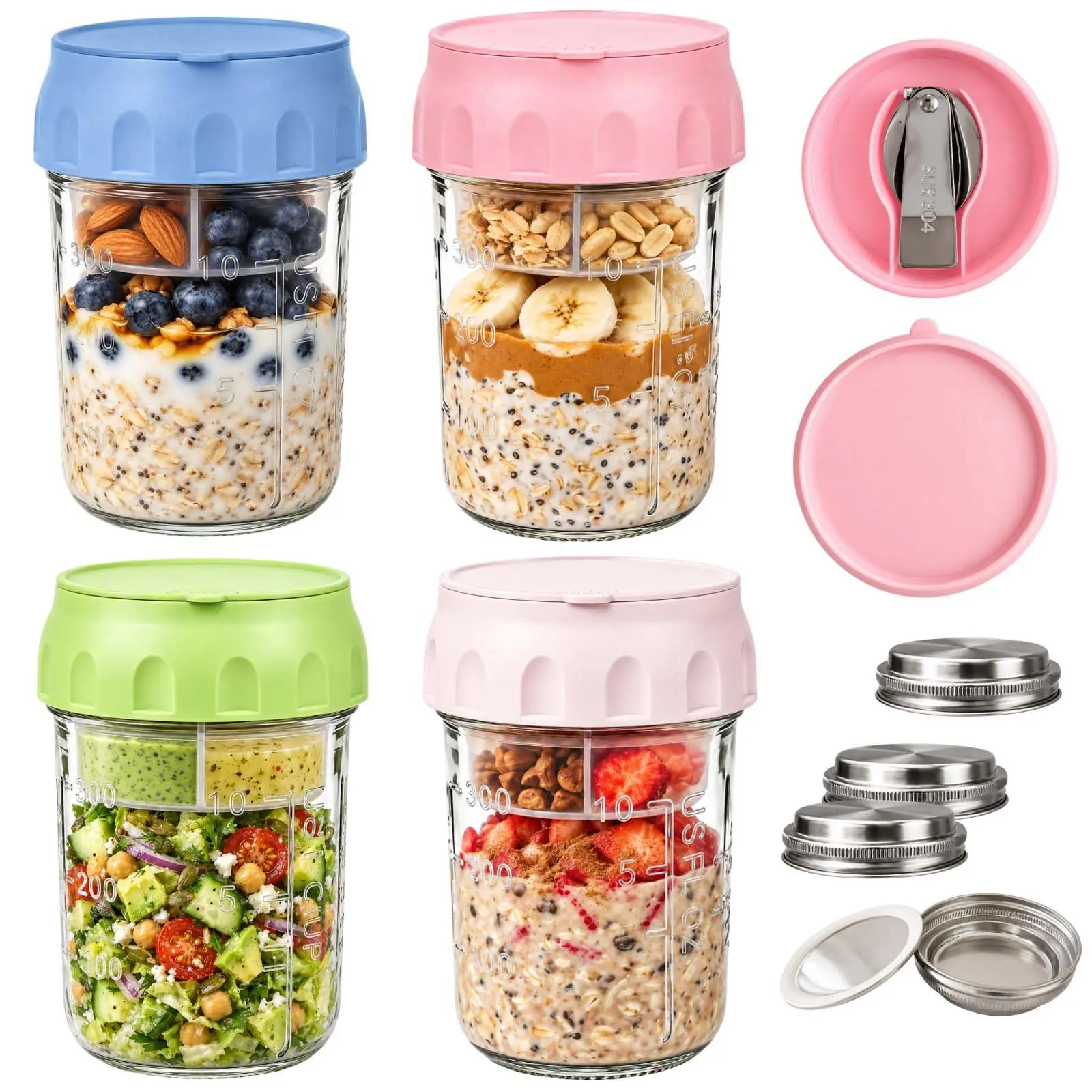 4 Pack Kitchen Overnight Oats Canisters with Lids, Folding Spoons and Divided Compartments, Small Glass Jars for Oatmeal Yogurt, Canister