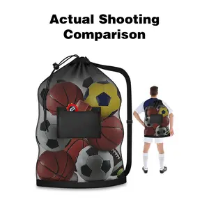 Thickened Extra Large Sports Ball Bag Mesh Socce Ball Bag Heavy Duty Drawstring Bags Team Work for Holding Basketball, Volleyball, Baseball, Swimming Gear with Shoulder Strap