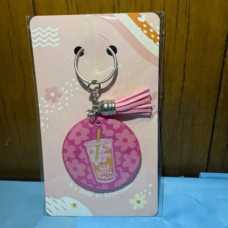 Pink Coffee Princess Keychain with Tassel and Floral Design