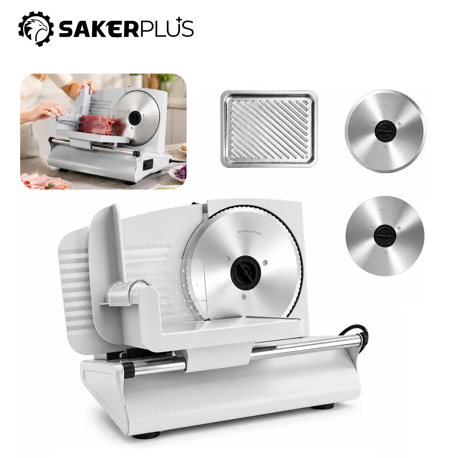 Sakerplus Electric Meat Slicer, 200W Food Slicer Machine with 2 Blades, 0-15mm Adjustable Thickness, Removable Blade, Food Pusher & Safety Guard for Meat, Bread, Vegetables