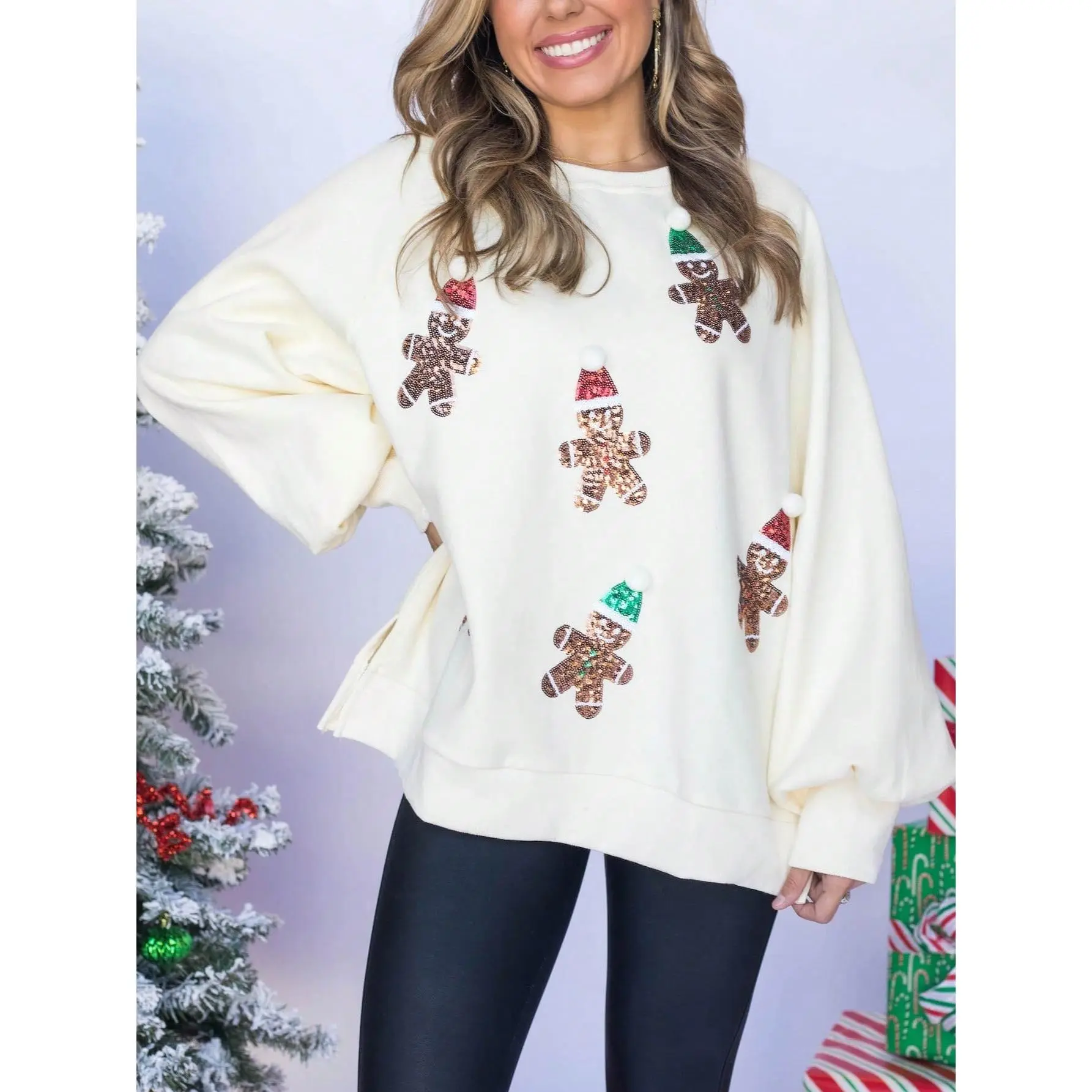 Women's Gingerbread Man Sequin Patch Polyester Fabric Raglan Sweater - Cozy Loose-Fit Round-Neck Pink Thanksgiving Geometric Knit Sweatshirt with Slit Detail, Christmas Holiday Pullover Top, Style, Long Sleeves, School, Knitwear, Casual, One Piece