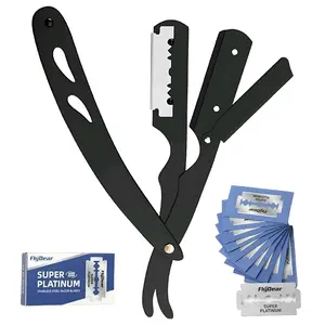 Professional Straight  Razor for Men – Close Shave Shavette for Beard Shaping & Barber-Style Grooming Stainless Steel Professional Barber Razor anti-slip design manual shaving edge Folding Dermaplane Facial Razor safety blade Set replacement Reusable