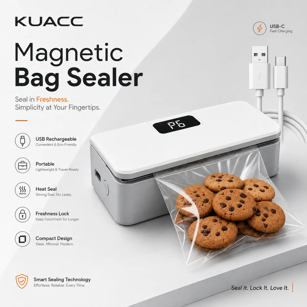 Rechargeable Mini Bag Sealer with Magnetic Back, Built-In Cutter, 6 Adjustable Modes and LED Display for Chips, Coffee and Pet Food,Gift for Women Mom Wife Men Dad Husband Friends,