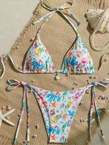 Women's Shell Bikini Set, Strapless Triangle Top and Lace-Up Bottoms, Sexy Beachwear, Fitted Wireless Design, Bandeau Swim Bra, All Seasons, Tropical Print Swimsuit