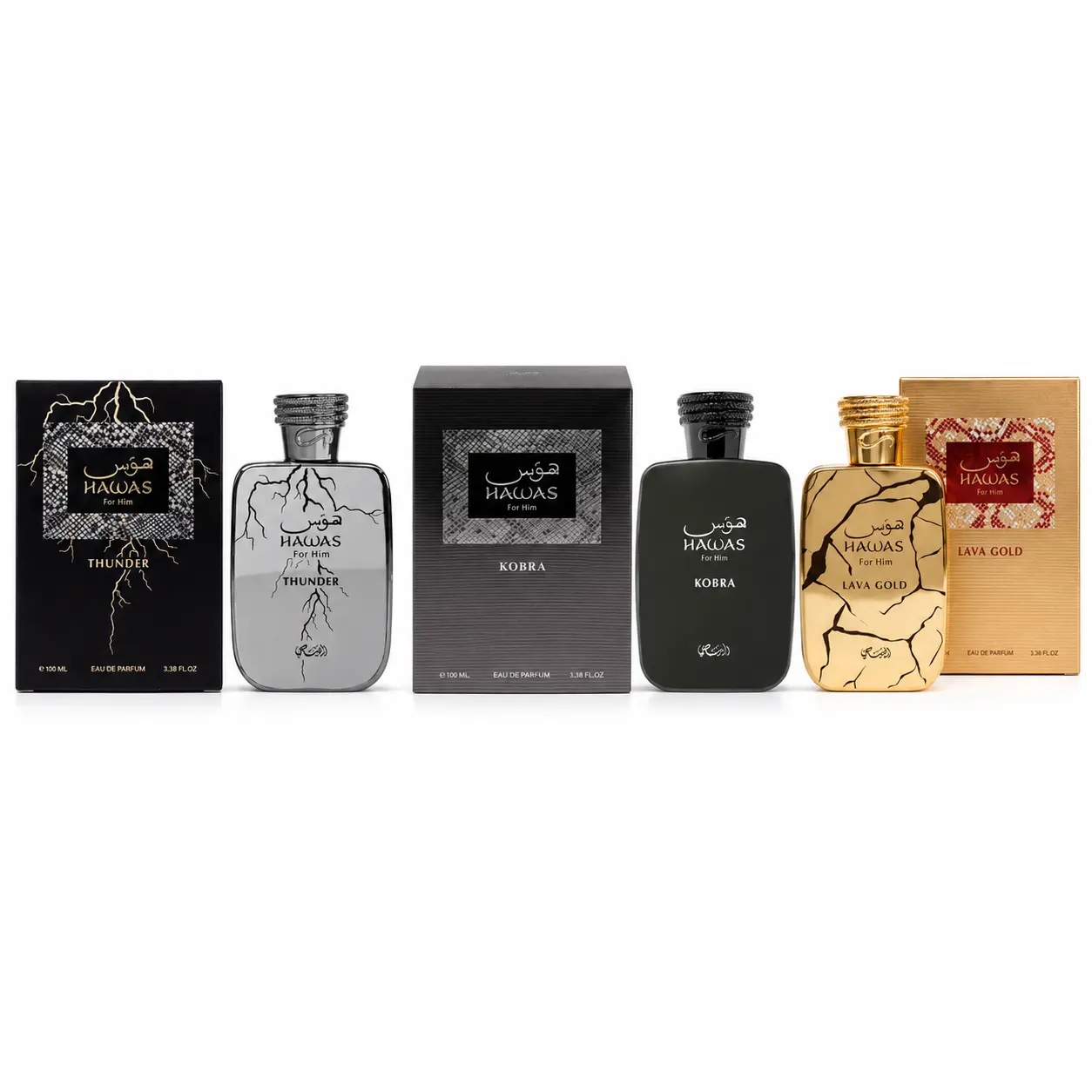 Rasasi Hawas Luxury Trio for Him – Thunder + Lava Gold + Kobra Eau de Parfum 3 × 100ml | Men's Cologne | Fresh Spicy Oud Leather Woody EDP