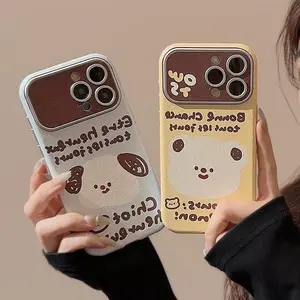 Cute Cartoon Bear Puppy Leather Texture Couple Phone Case For iPhone 16 15 Plus 14 13 12 11 Pro Max Shockproof Protective Cover