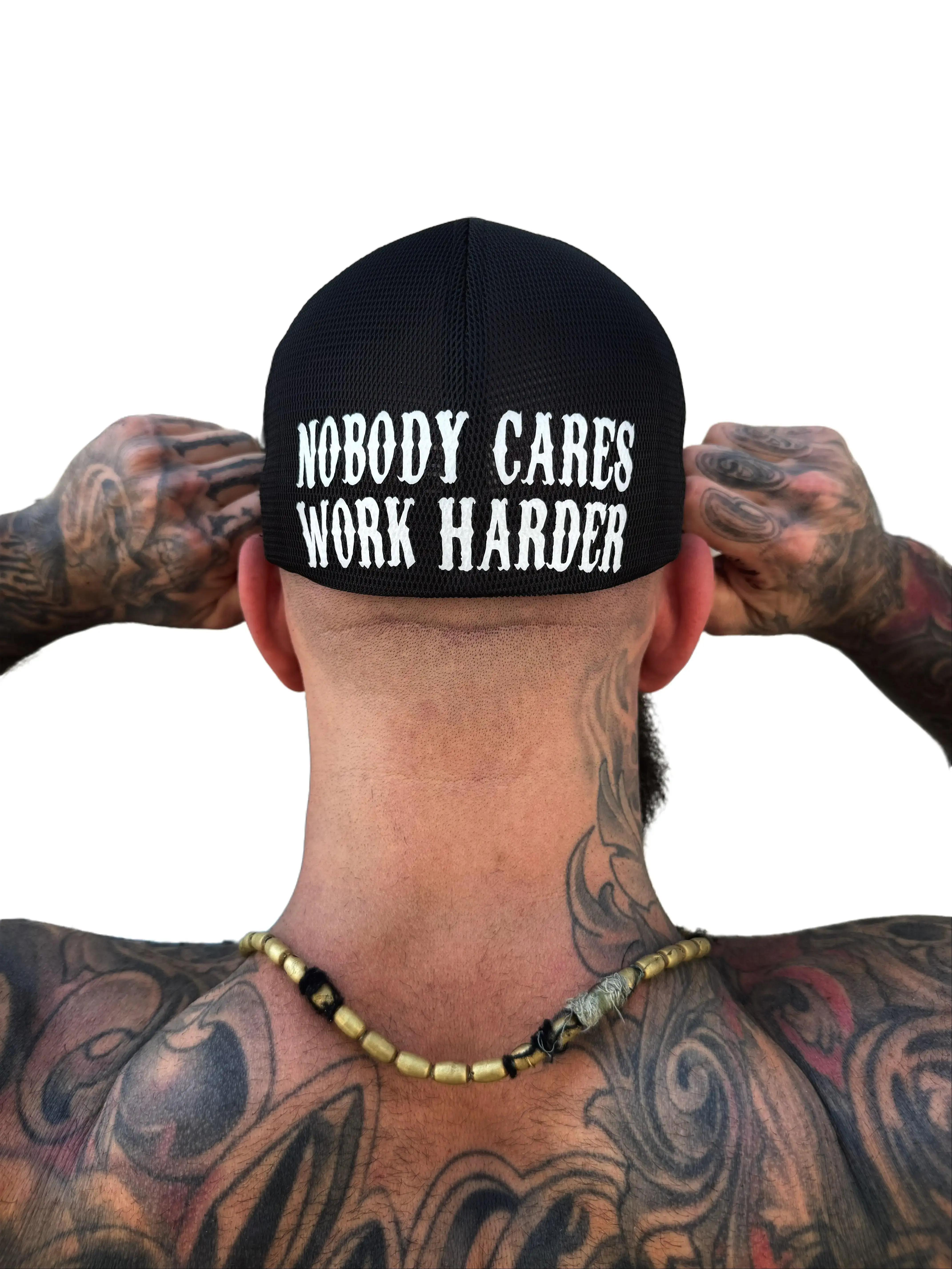 TheDriveClothing Nobody Cares Back Style Flexfit Hat – Black Y2K Streetwear Trucker Cap, White Graphic Biker Hat, Mesh Back Curved Bill Snapback, Skater Gym Festival Urban Fashion
