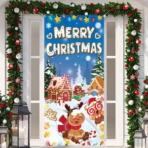 Gingerbread Door Cover, Christmas Door Cover, Christmas Door Banner for Xmas door decorations Party Favor Supplies, Gingerbread Man Door Backdrop Photo Booth