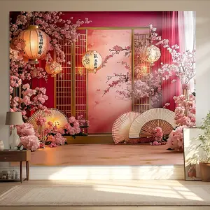 1PC,2D Flat Chinese Style Ancient Style Festive Red Cherry Blossom Lantern Backdrop, Photo Studio Props Cloth, Bedroom Living Room Decorative Hanging Cloth, Internet Celebrity Live Streaming Backgroun, Banners, Decoration,summerwins