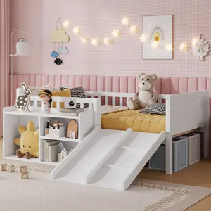 Eyisean Twin Size Wooden Low Loft Bed, Space-Saving Bed Frame with Movable Bookshelf Storage, Climbing and Slide Design Safety Beds with Guardrails, No Box Spring Needed, Easy Assembly for Bedroom