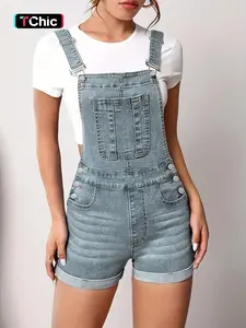 Women's Solid Color Button Fly Denim Overalls, Casual Chic Comfy Skinny Overalls for Daily Wear, Ladies Clothes for Summer