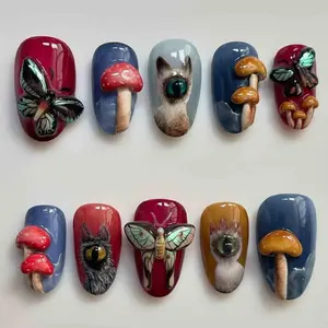 Aurora Forest Fantasy Press-On Nails, 3D Mushrooms & Butterflies, Cat & Wolf Eye Art, Enchanted Woodland Style, Hand-Painted Gothic Fairytale Nails, Whimsical Custom Nail Art Set