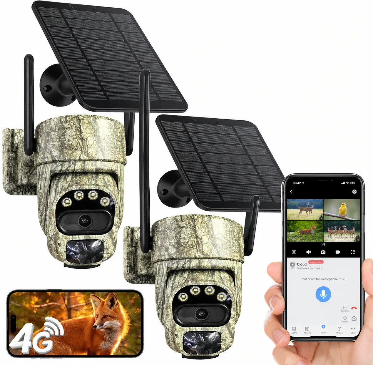 2-Pack Solar-Powered 4G LTE Cellular Trail Camera - 360° Pan, 2.5K Live Stream, IP68 Security Camera with Built-In SIM, Night Vision, Motion-Activated PIR, 7800mAh Battery (Hunting Gear), Solar Power