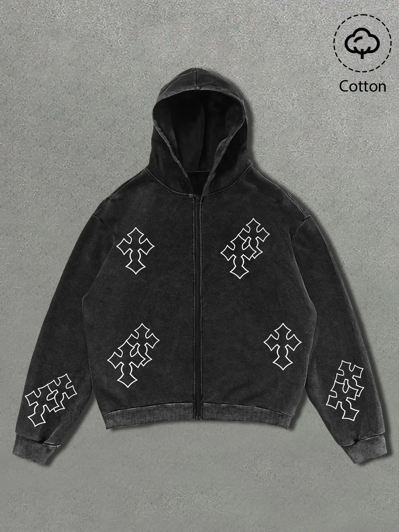 Men Women Vintage Cross Print Hoodie Washed Cotton Fabric Comfortable Zip Design Easy Wear Streetwear Dark American Style Fitted