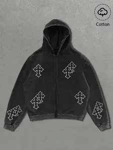 Men Women Vintage Cross Print Hoodie Washed Cotton Fabric Comfortable Zip Design Easy Wear Streetwear Dark American Style Fitted