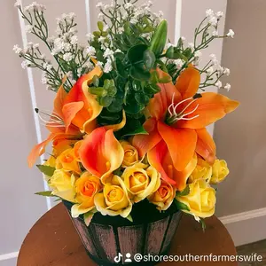 Bucket of Sunshine, Artificial Floral Arrangement, Bright Yellow and Orange Lilies, Roses and Babies Breath Decor Decorative Plants Flower Gift Bouquet Vase Spring Centerpiece Farmhouse Decor Home Decor Decoration Real Touch Flowers Floral Art