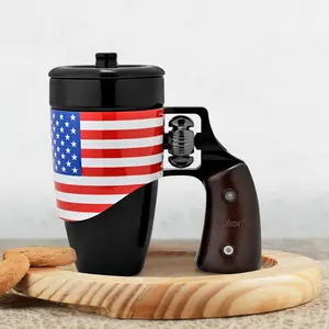 Pukomc Coffee Cup with Rotatable Wooden Handle 16 Ounces Ceramic Leak-Proof Scalding-Proof Reusable Drinkware Ergonomic Revolver Handle Design Heat Resistant Classic Style Mug Tumbler American Flag Design - Washable, Reuse