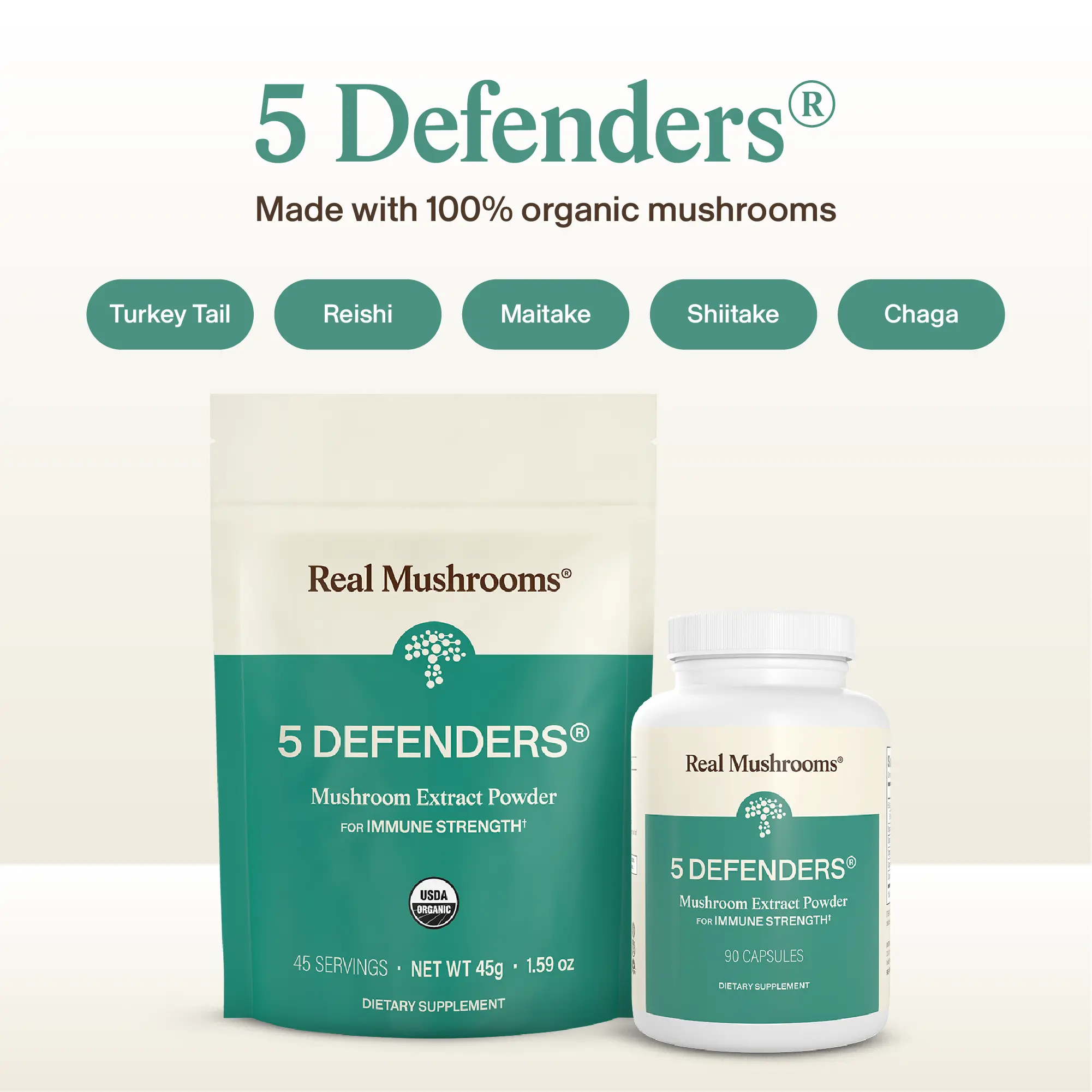 Real Mushrooms 5 Defenders Organic Mushroom Complex | Reishi, Turkey Tail, Chaga, Shiitake & Maitake Blend | Daily Wellness & Immune Support | 100% Mushrooms