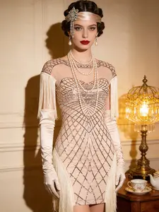 Women's 1920s Art Deco Fringe Sequin Dress, Vintage Carlsberg Style, Tassel Sleeves, Perfect for Parties and Events, Elegant Roaring Twenties Fashion, Elegant Formal Wear