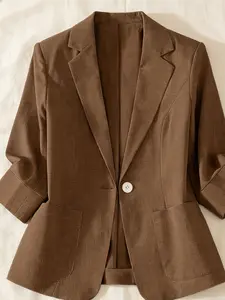 A women's solid color fashionable lightweight elegant high-end Fitted three-quarter sleeve blazer, suitable for spring and summer, ideal for commuting and daily wear, Formal Attire, Womenswear