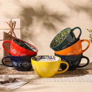 Coffee Mugs Set of 6, 16oz Large Ceramic Mug with Handle, Boho Coffee Cups for Latte, Cappuccino & Hot Chocolate, Dishwasher & Microwave Safe Gift Drinkware Set