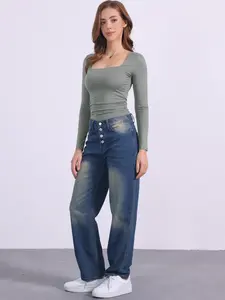 INSPIRE CHIC Women's Square Neck Tops Long Sleeve Shirred Fitted Stretch Casual Basic T-shirts