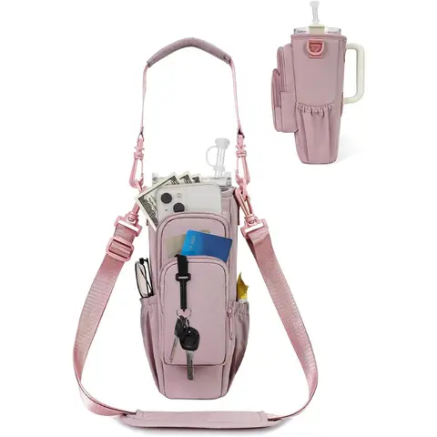 Sportsnew Insulated Crossbody Cup Tumbler Carrier Bag - Elastic Adjustable Shoulder Straps, Waterproof, Velcro Secure Fit for 40oz Tumblers, Insulated Inner, 2 Side Pockets, Phone Pocket, Straw Cover, for Hiking, Outdoor Activities