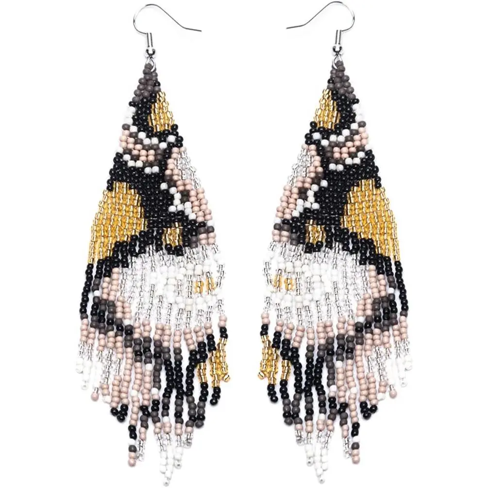 Geometric Beaded Earrings – Long Bohemian Handmade Large Tribal Native Beaded Tassel Drop Earrings for Women, Big Boho Seed Bead Fringe Chandelier Dangle Earrings