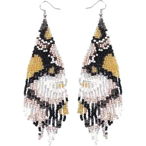 Geometric Beaded Earrings – Long Bohemian Handmade Large Tribal Native Beaded Tassel Drop Earrings for Women, Big Boho Seed Bead Fringe Chandelier Dangle Earrings