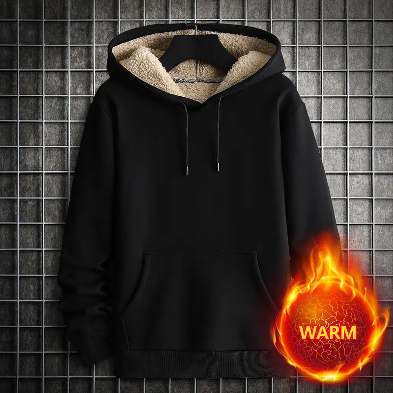 Men's Casual Pullover Hoodie, Thick Fleece-Lined Velvet Sweatshirt for Autumn and Winter, Warm Long Sleeve Top, Heavyweight Fleece Hoodie, Warmth, Fitted, Hoodie/Jumper