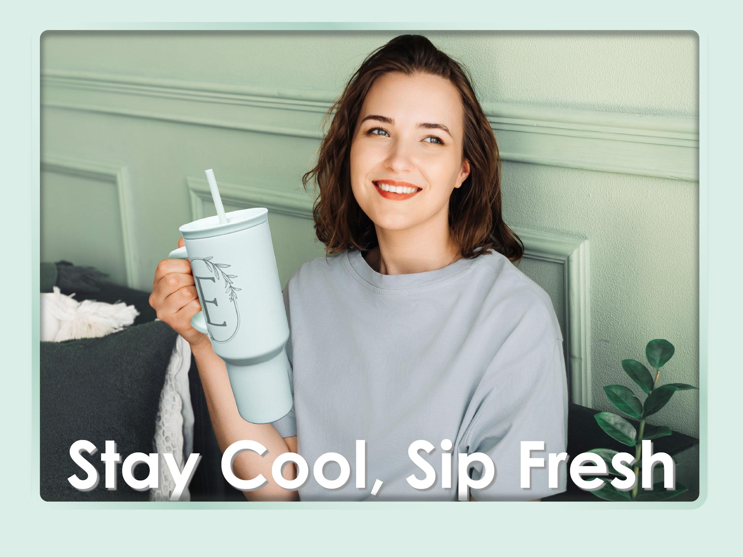 Sandjest Mint Personalized Initial 40oz Tumbler with Straw & Handle Stainless Steel Insulated Vacuum Cup, Home School Office, Christmas Birthday Gift