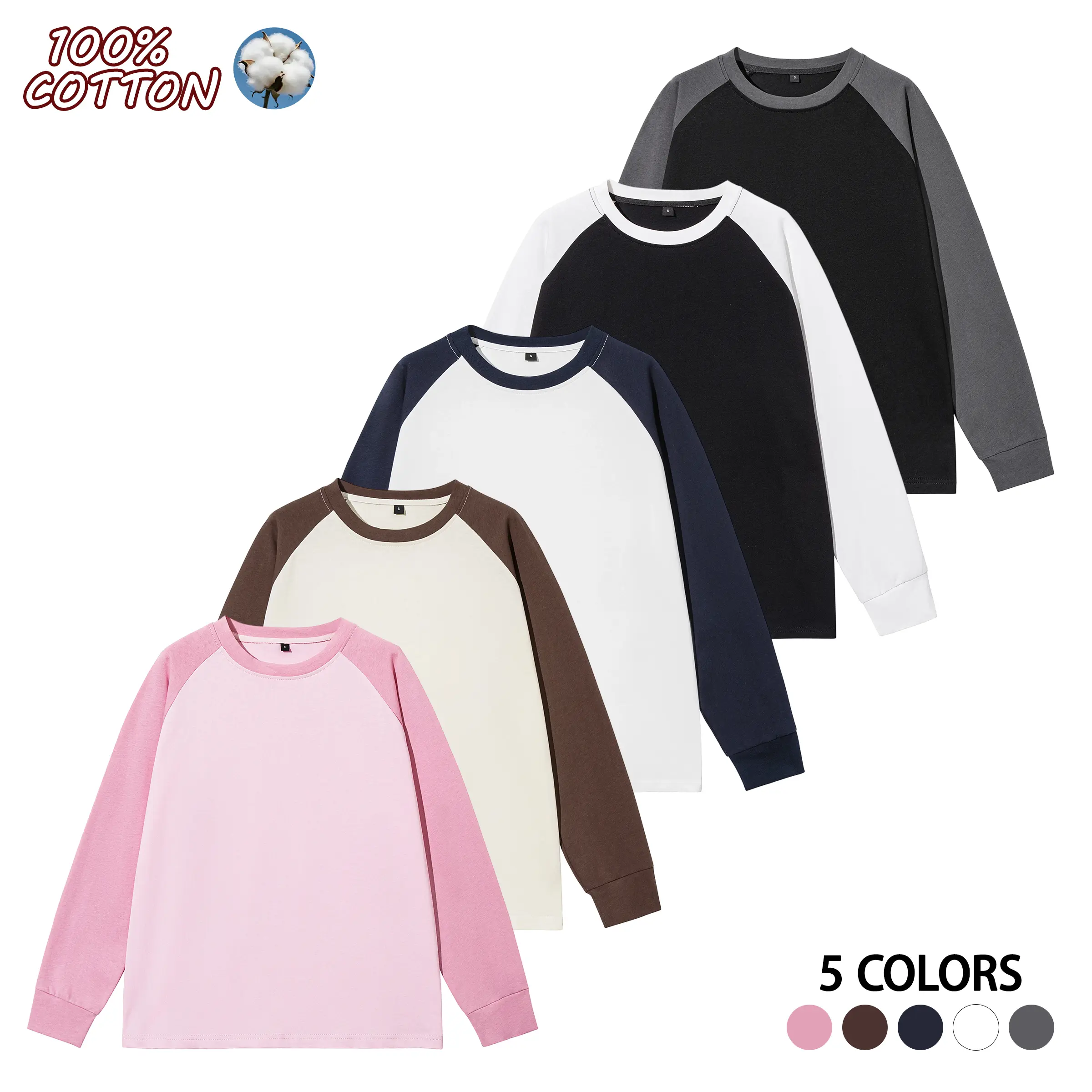 Women’s 100% cotton color-block lightweight loose sweatshirt, couples’ casual top, crewneck base layer T-shirt suitable for all seasons, ideal for everyday and home wear