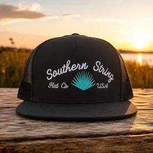 [BEST 2026] Southern String Hat Co Trucker Hat, Black Flat Bill Snapback Cap, Embroidered Coastal Outdoor Mesh Hat for Men