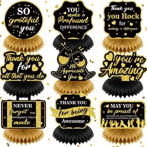 9pcs Gold Thank You Honeycomb Centerpieces Set, Appreciation Party Table Decorations, Employee Teacher Toppers, Staff Recognition Supplies