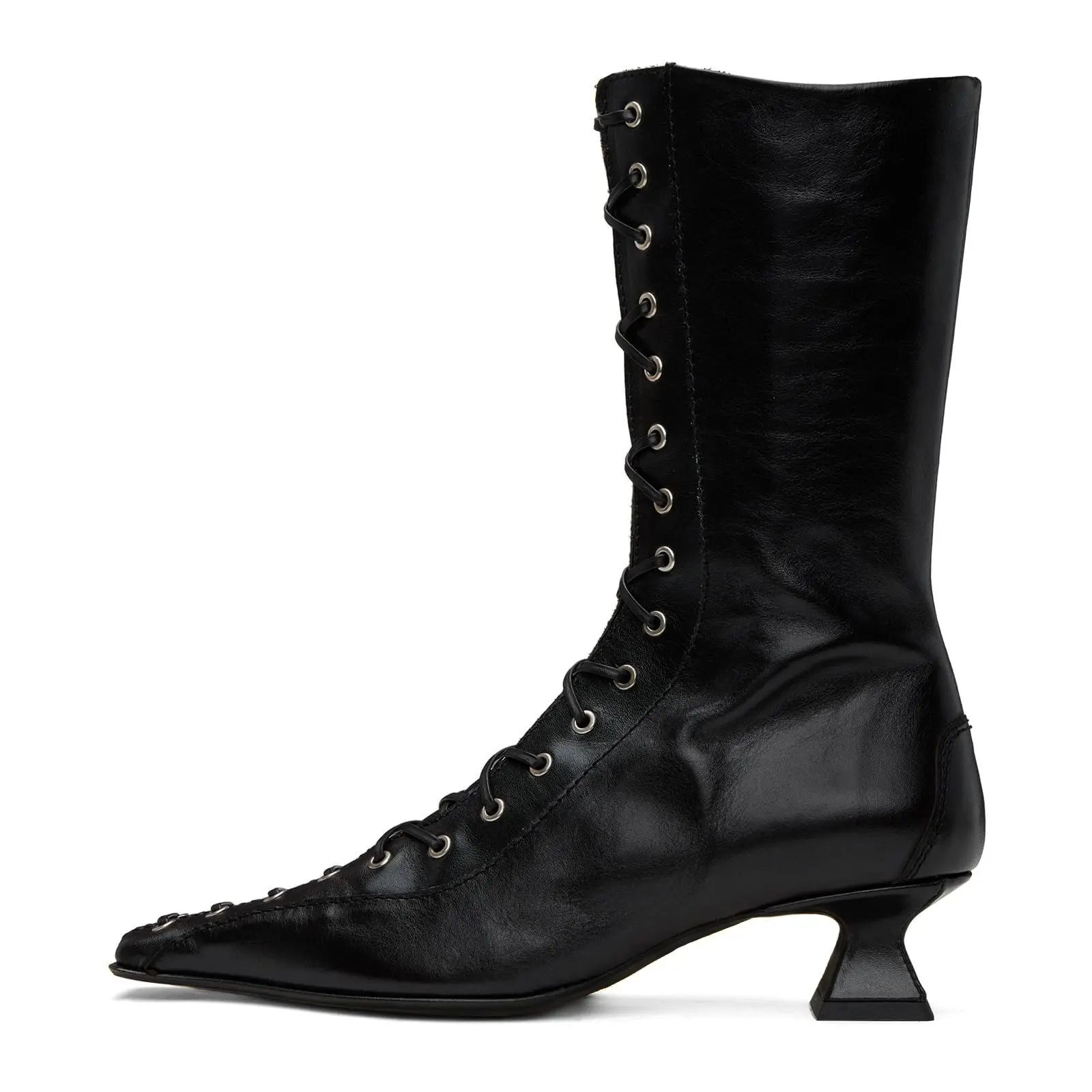Women's Vintage 70s Witch Boot Heels, Mid-Calf Lace-Up Leather Rubber Footwear, Square Toe Kitten Heel Granny Booties with Zipper, Cone Heel