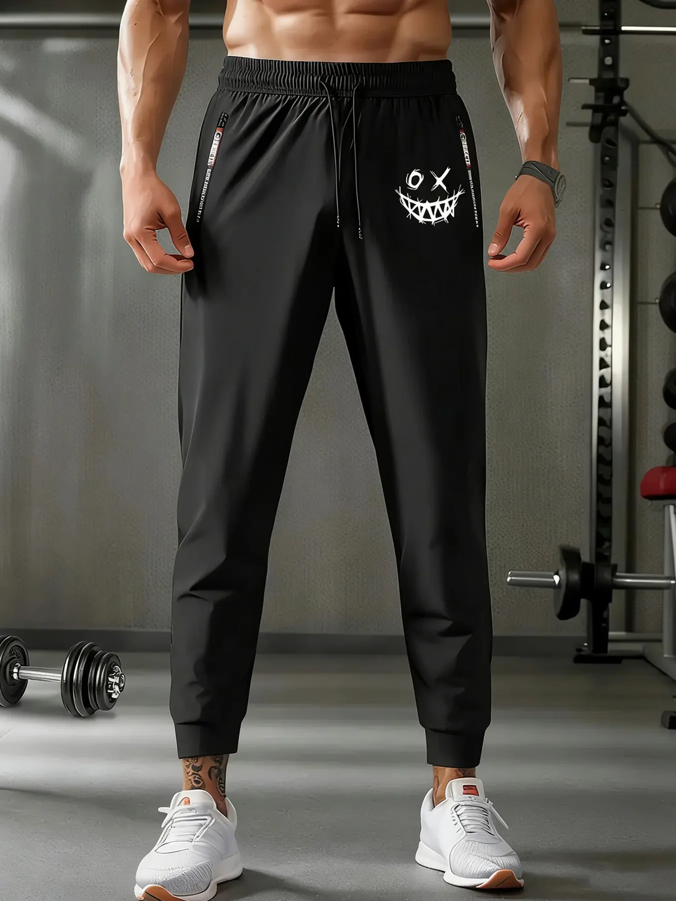 Men's Smiley Face Graphic Joggers Ice Silk Sport Pants Streetwear Y2K Aesthetic Sweatpants Zipper Pocket Elastic Waist Lightweight Breathable Casual Sporty Bottoms